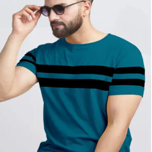 Men Striped Round Neck Cotton Blend Blue, Black T-Shirt