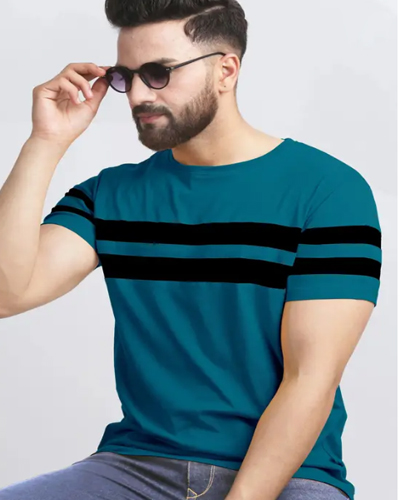 Men Striped Round Neck Cotton Blend Blue, Black T-Shirt
