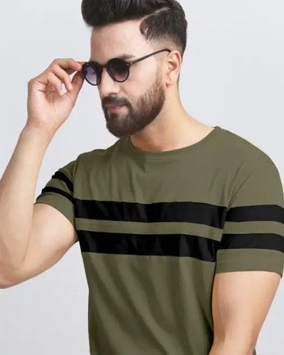 Men Striped Round Neck Cotton Blend Blue, Black T-Shirt - Image 2