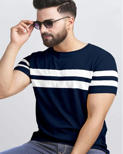 Men Striped Round Neck Cotton Blend Blue, Black T-Shirt - Image 3
