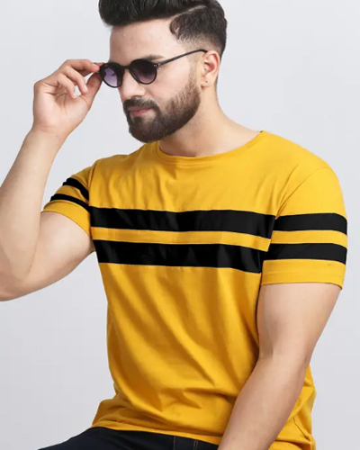 Men Striped Round Neck Cotton Blend Blue, Black T-Shirt - Image 4