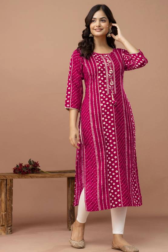 Women Embroidered Cotton Rayon Straight Ladies Kurti