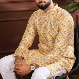 Men Printed Cotton Blend Straight Exclusive Panjabi Yellow