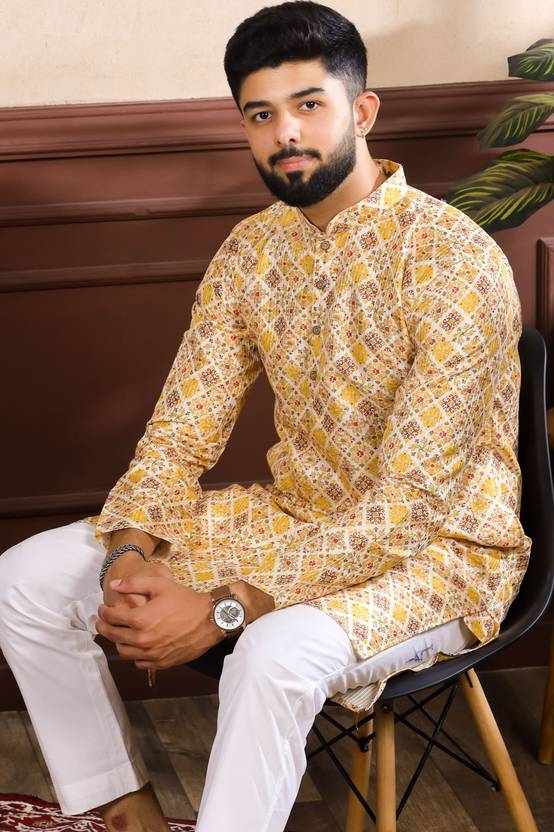Men Printed Cotton Blend Straight Exclusive Panjabi Yellow