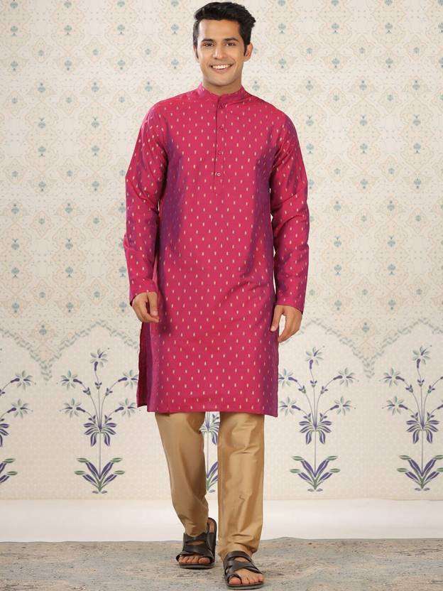 Men Printed Pure Cotton Straight Panjabi Pink