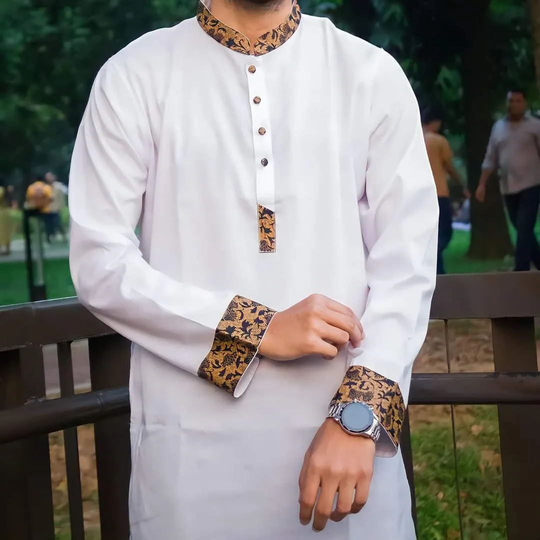 White Panjabi with Chest Contrast. Soft Cotton,Panjabi for men.