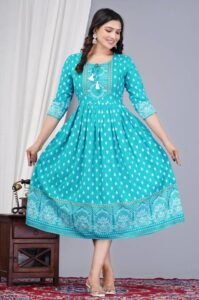 Women Floral Print Cotton Rayon Straight Ladies Kurti