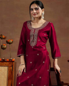 Women Embroidered Silk Blend A-line Kurta Maroon