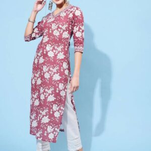 Women Floral Print Cotton Rayon Straight Ladies Kurti