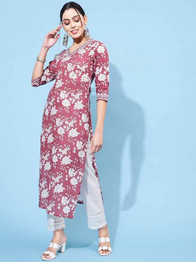 Women Floral Print Cotton Rayon Straight Ladies Kurti