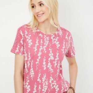 Women Printed Round Neck Pure Cotton Pink T-Shirt