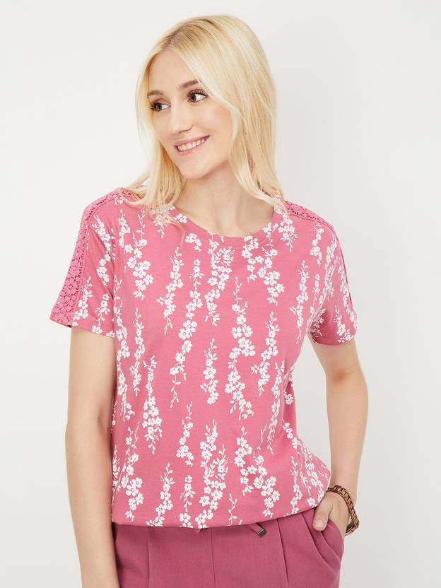Women Printed Round Neck Pure Cotton Pink T-Shirt